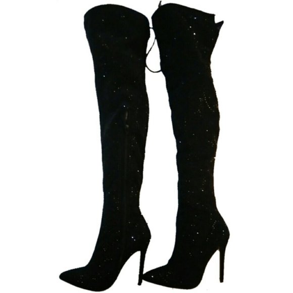 C - BELLA LUNA 7.5 BLACK RHINESTONE SPARKLY BOOTS OTK holiday party womens - Picture 4 of 11